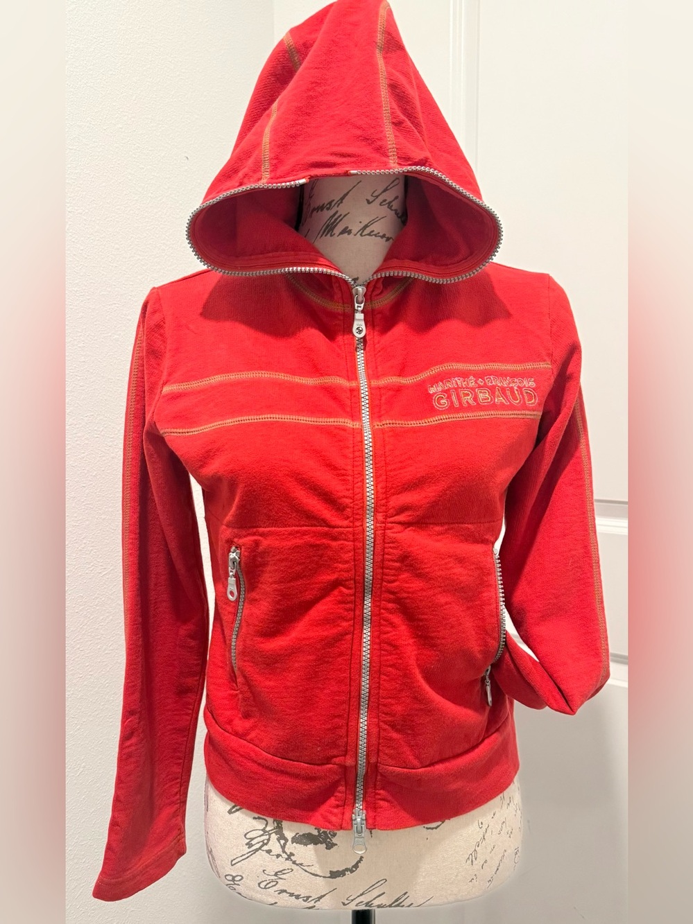 Vintage Marithe Francois Girbaud Bright Red Long Sleeve Double Sided Zip Hoodie